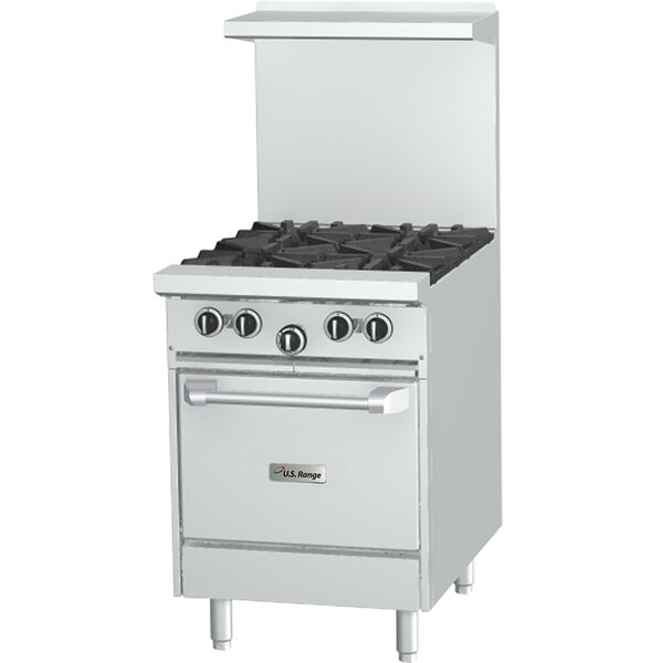A stainless steel U.S. Range with four burners and black knobs.