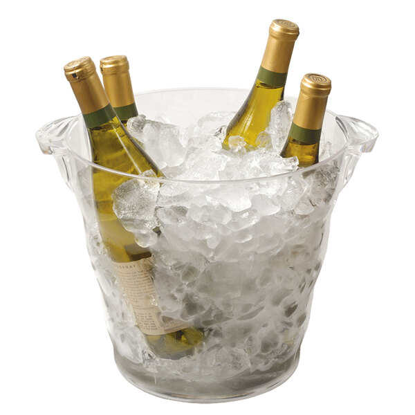 A close-up of a Franmara clear acrylic wine cooler with a bottle of wine in ice.