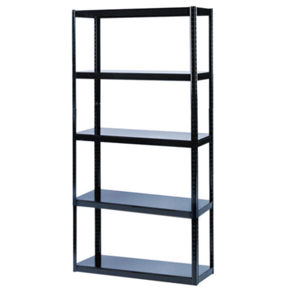 A black Safco boltless steel shelving unit with five shelves.