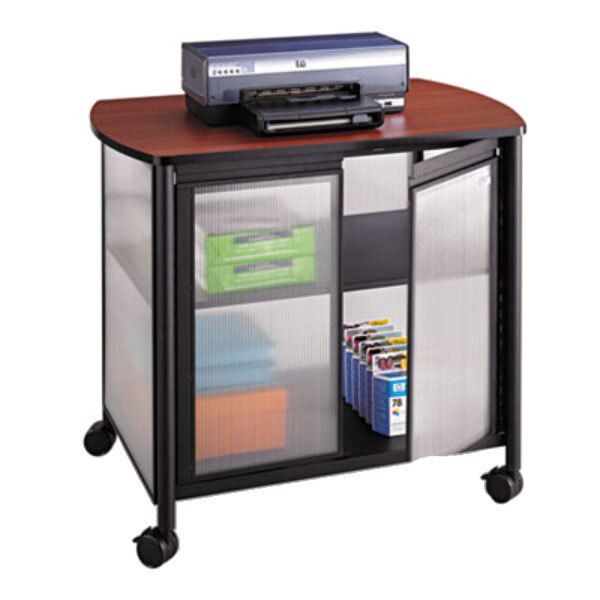 A Safco Impromptu Deluxe Machine Stand with a printer and file cabinet on it.