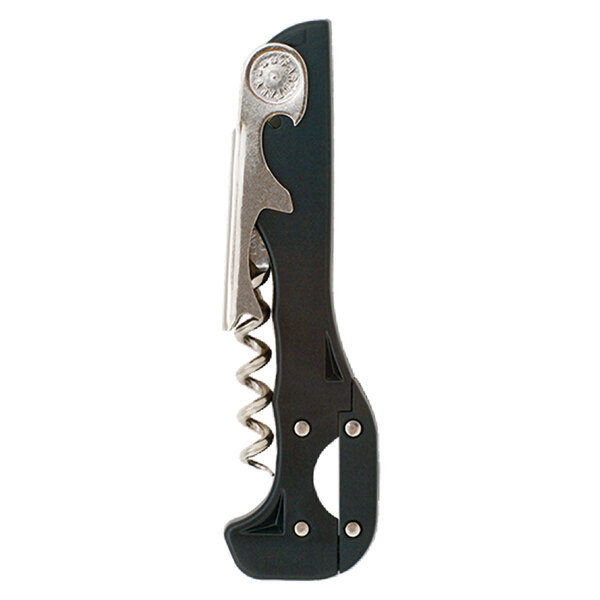 A Franmara Boomerang Waiter's Corkscrew with a black and silver handle and screw.