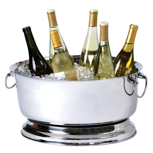 A Franmara customizable double-wall stainless steel oval party tub filled with wine bottles.