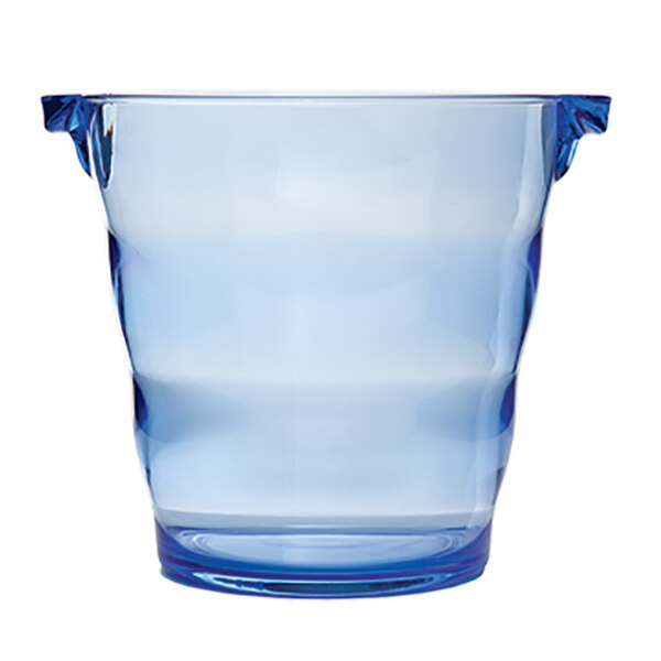 A blue acrylic wine cooler with handles.