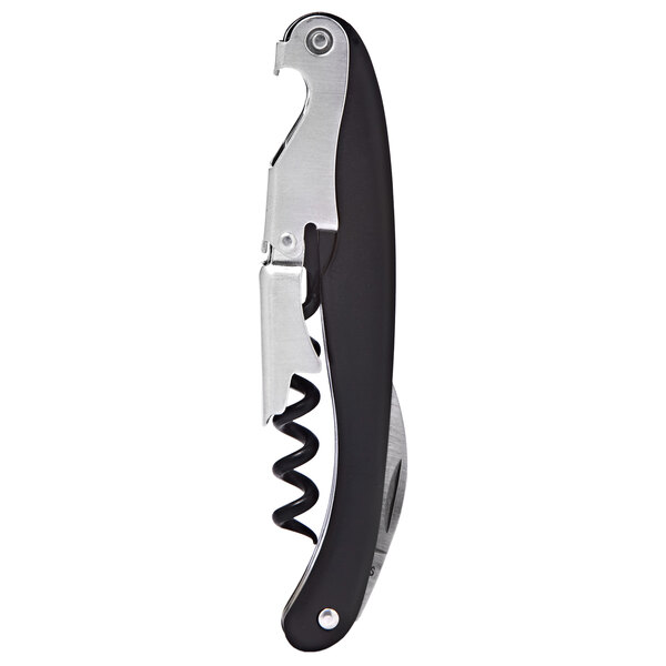 A Franmara Lisse customizable two-step waiter's corkscrew with a black and silver enameled steel handle and knife.
