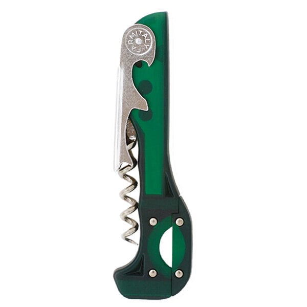 A Franmara Boomerang Two-Step Waiter's Corkscrew with a green and silver handle with a metal screw.