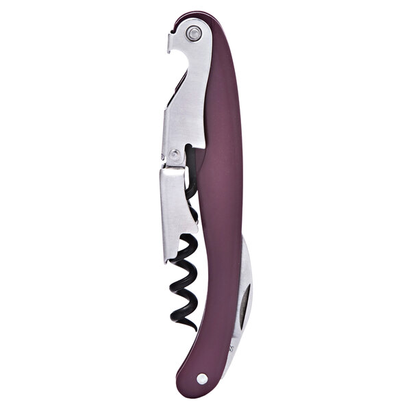 A Franmara Lisse corkscrew with a matte burgundy enameled steel handle and silver blade.