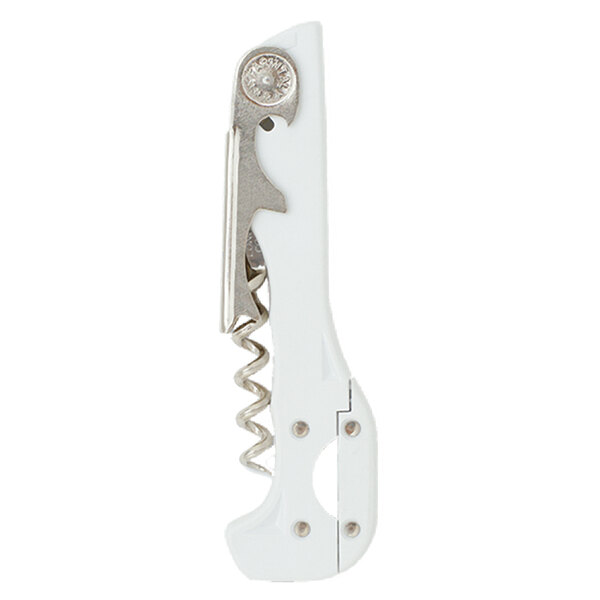 A Franmara white corkscrew with a circular design on the handle and silver accents.