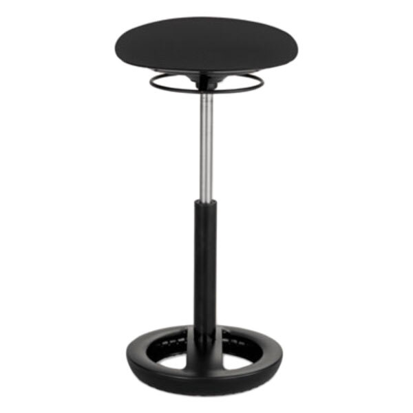 A black Safco Twixt ergonomic stool with a round fabric seat and metal base.