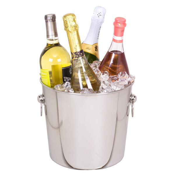 A Franmara stainless steel wine and champagne chiller filled with wine and champagne bottles in ice.
