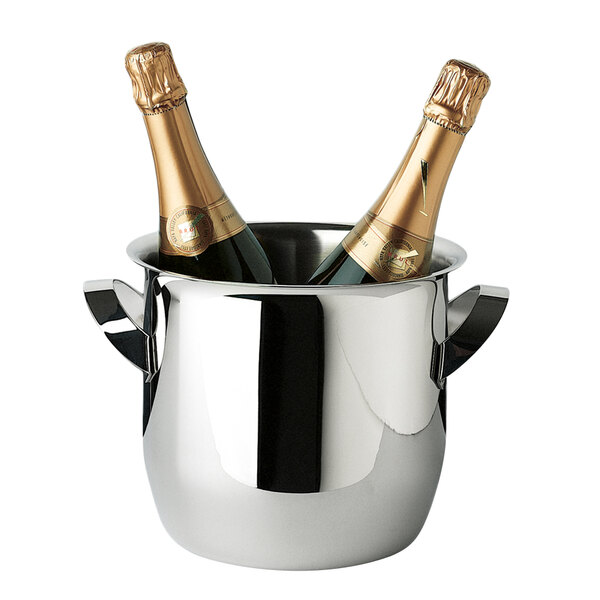 A silver Franmara Triomphe wine cooler with two bottles of champagne inside.