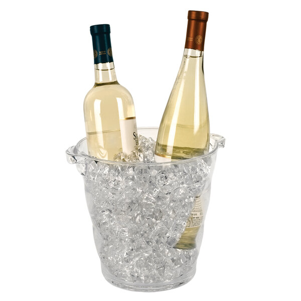 A Franmara clear acrylic wine cooler filled with ice and two bottles of wine.