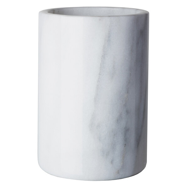 A white marble cylinder with a white and grey marble design and a white handle.