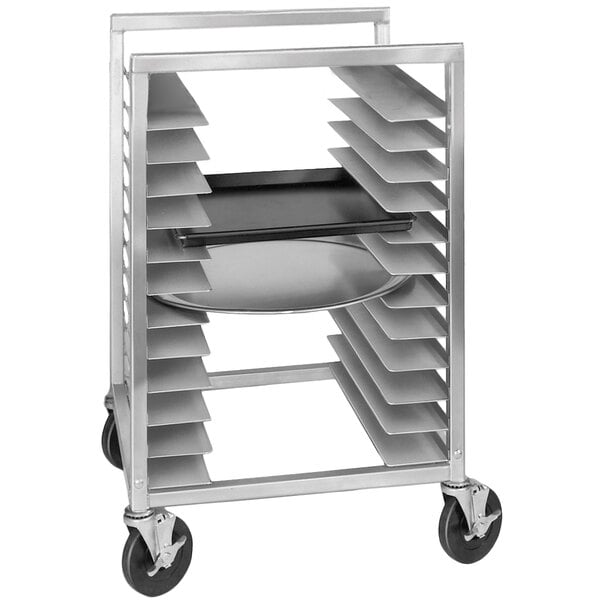 A Channel metal cart with 11 trays for pizza pans on wheels.