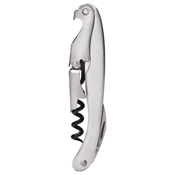A Franmara Lisse aluminum corkscrew with a black and silver handle.