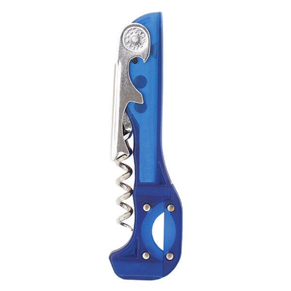 A blue and silver Franmara Boomerang Waiter's Corkscrew with a metal screw.