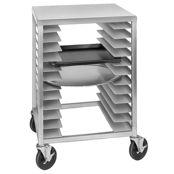 A metal cart with shelves for pizza pans with a metal tray on top.