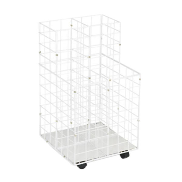 A white wire mesh roll file on wheels.