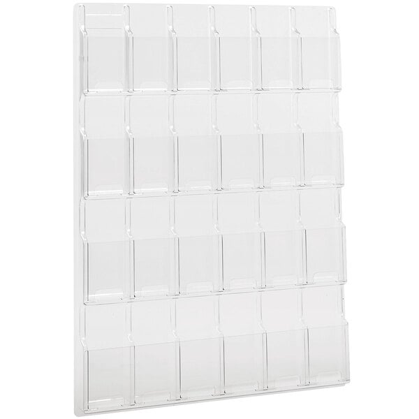 A Safco clear plastic wall mount display rack with 24 compartments.