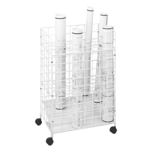 A white wire rack with several rolls of blueprints.