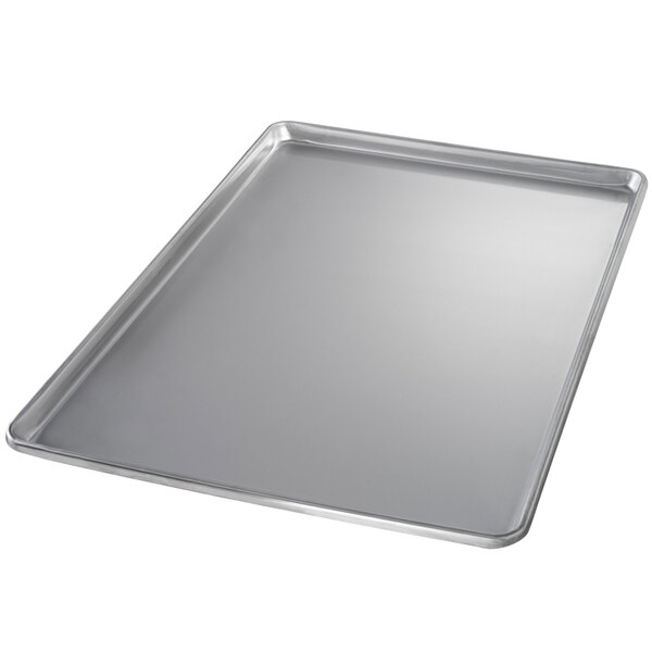 A Chicago Metallic stainless steel sheet pan on a counter.