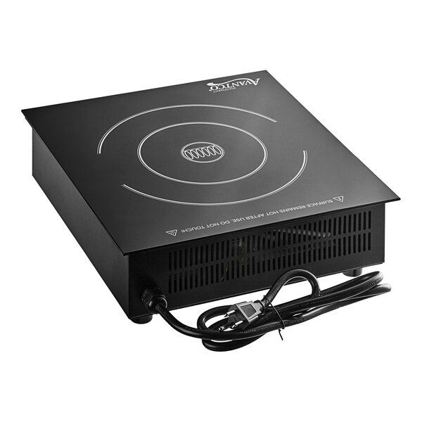 A black Avantco countertop induction cooker with a cord.