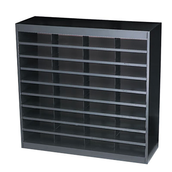 A black steel Safco file organizer with 36 compartments.