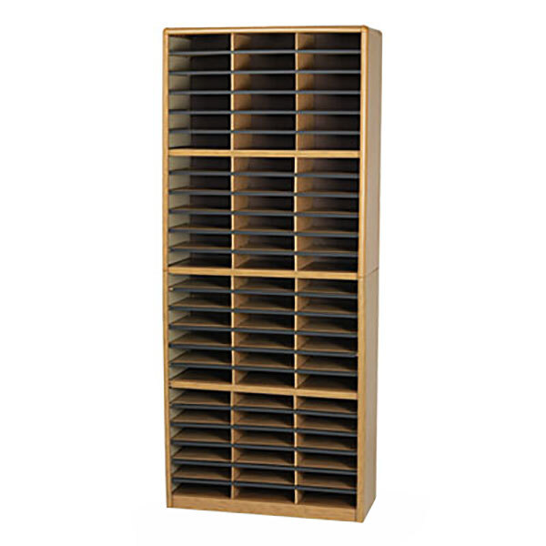 A medium oak Safco file organizer with many compartments.