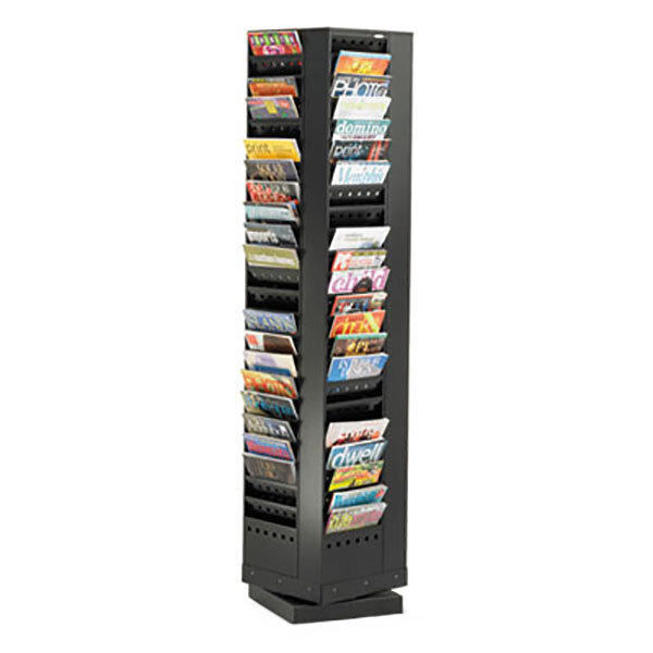 A black Safco steel magazine rack filled with magazines.
