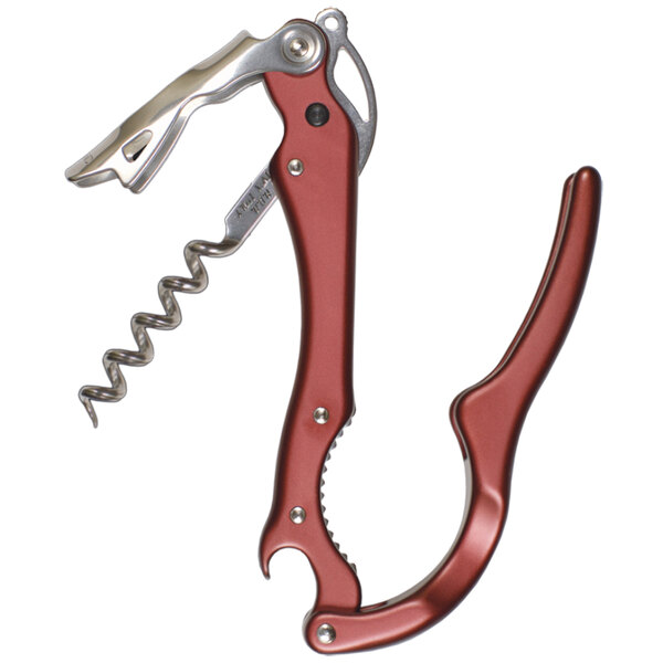 A Franmara aluminum corkscrew with a red and silver handle.