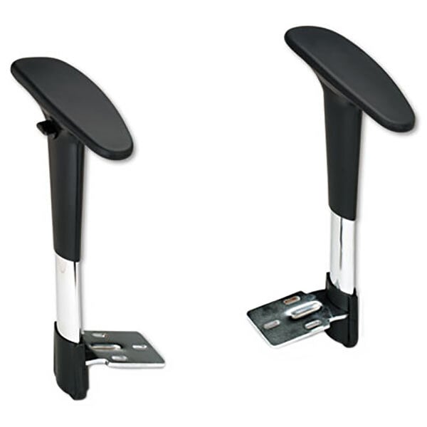 A pair of black and silver metal foot rests with black and silver metal T-pads.