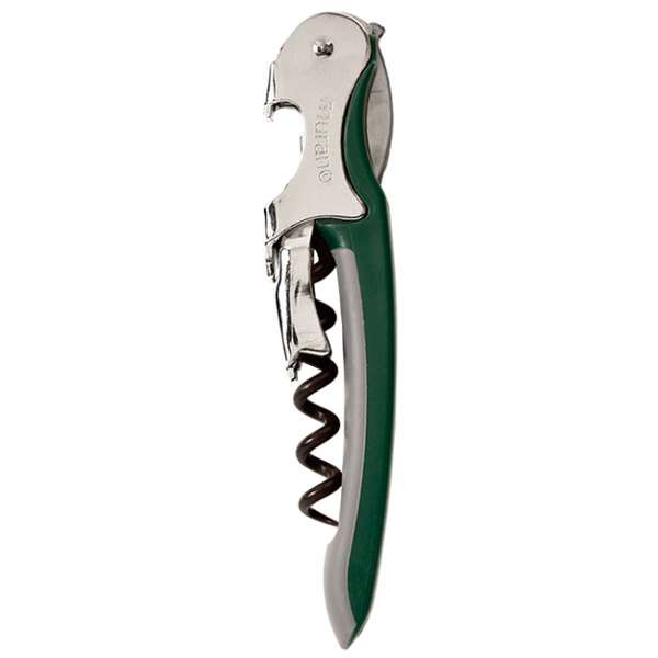 A Franmara Murano waiter's corkscrew with a green handle and silver accents.