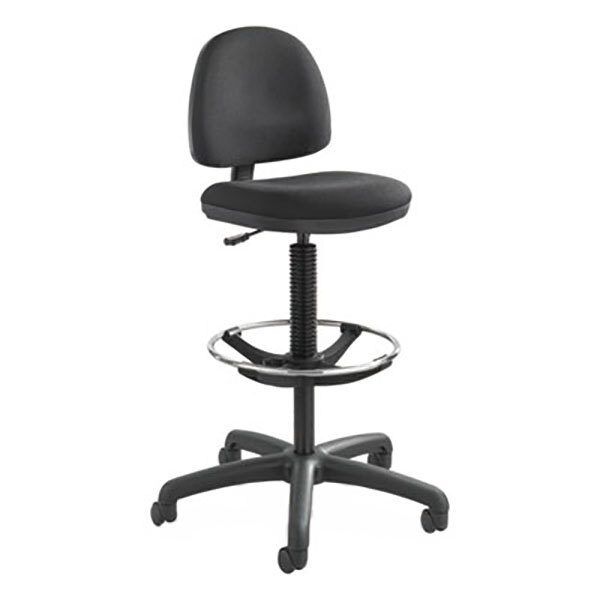 A Safco Precision black fabric office stool with a black seat and back on a chrome base.