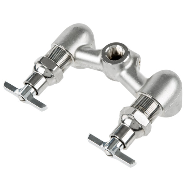 A silver metal T&S mixing control valve with loose handles.