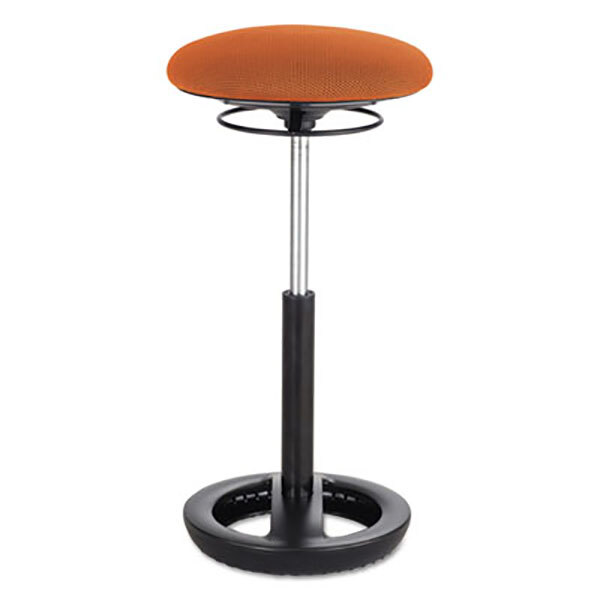 An orange Safco Twixt office stool with a round fabric seat and black and silver metal pole.