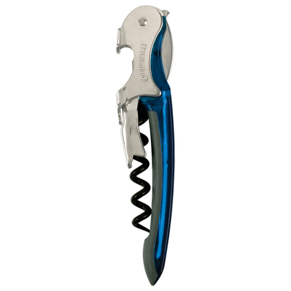 A Franmara Murano waiter's corkscrew with a translucent blue handle and silver accents, including a knife.