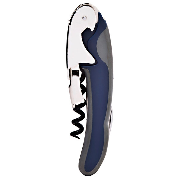 A Franmara Binary Two-Lever Waiter's Corkscrew with blue and gray handle.