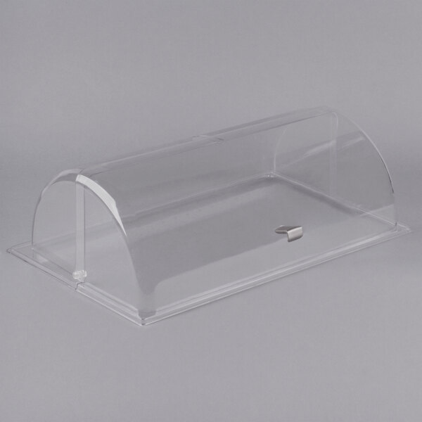 A clear acrylic container with a roll top lid and silver handle.