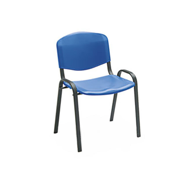 A close-up of a Safco blue plastic contour stack chair with black legs.