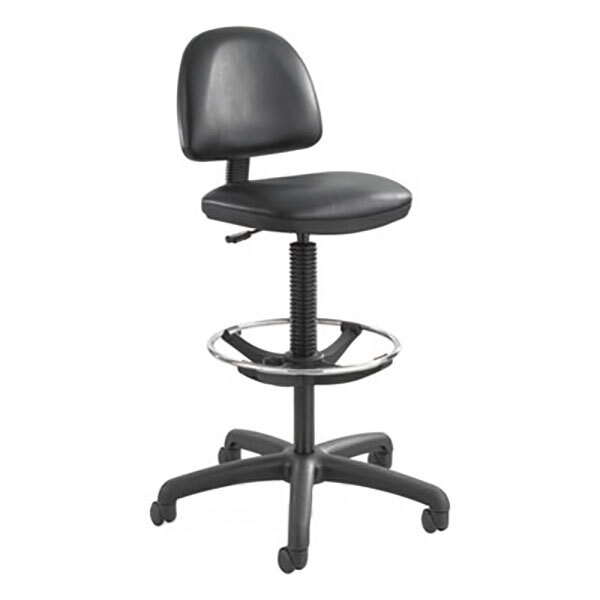 A Safco black vinyl office stool with a chrome base and wheels.