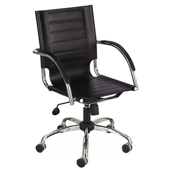 A black Safco mid-back office chair with chrome legs and arms.