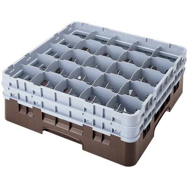 A brown plastic crate with compartments and holes.