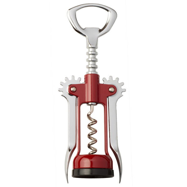 A chrome-plated corkscrew with a red enameled handle.