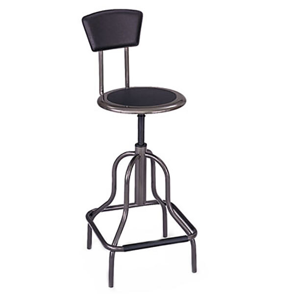 A round metal Safco Diesel Series office stool with a black leather seat.