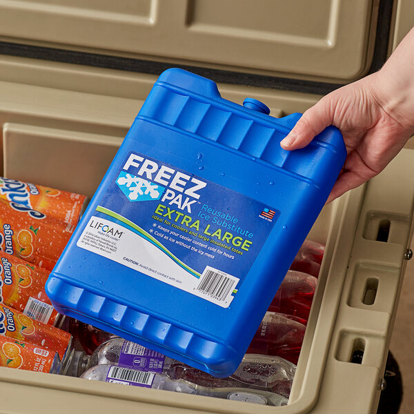 A hand holding a Lifoam Freez Pak blue container.