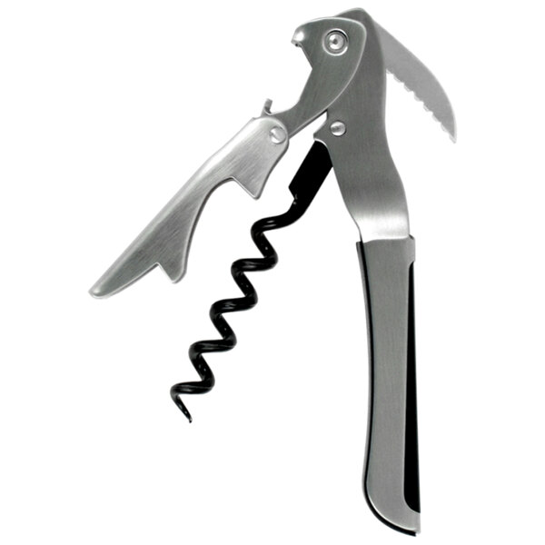 A Farfalli stainless steel and black double-step waiter's corkscrew with a knife inset.