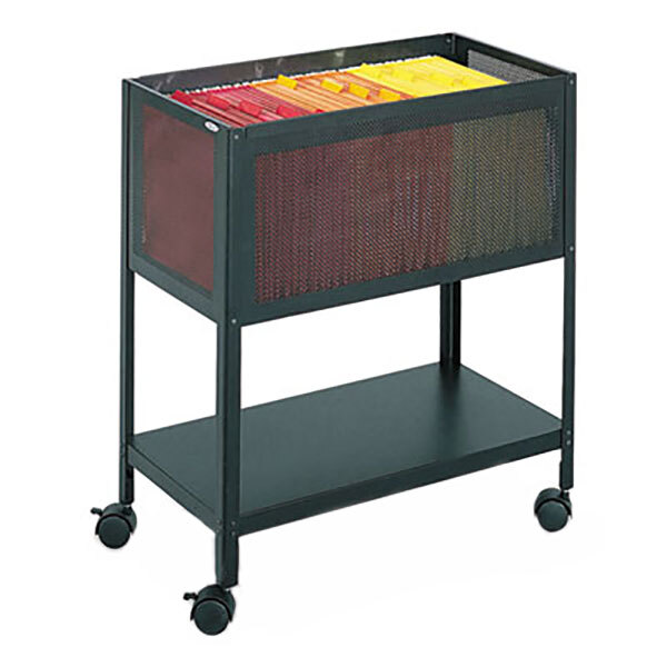 A black metal Safco tub file cart with files in it.