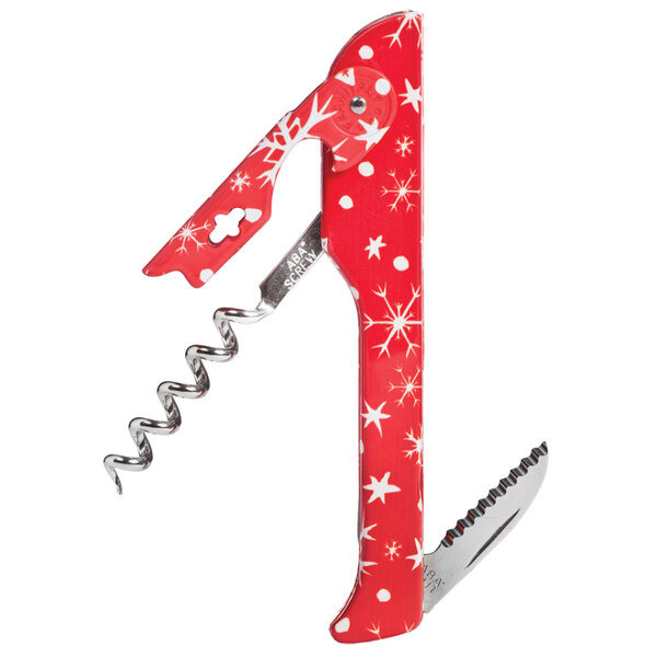 A red and white Franmara Hugger Designer Collection corkscrew with white snowflakes.