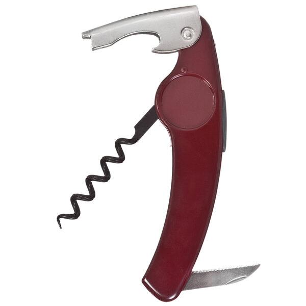A Franmara Grenouille waiter's corkscrew with a red curved handle and a spiral.