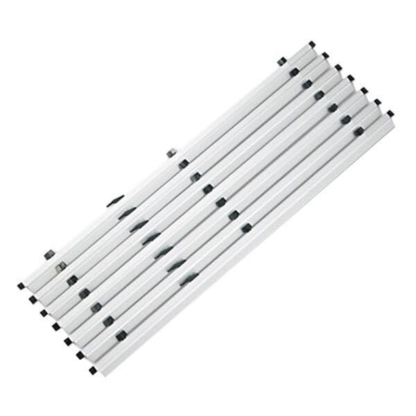 A white metal rack with four rows of black hanging clamps.