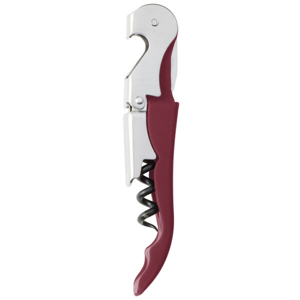 A Franmara corkscrew with a burgundy rubberized handle and silver accents.